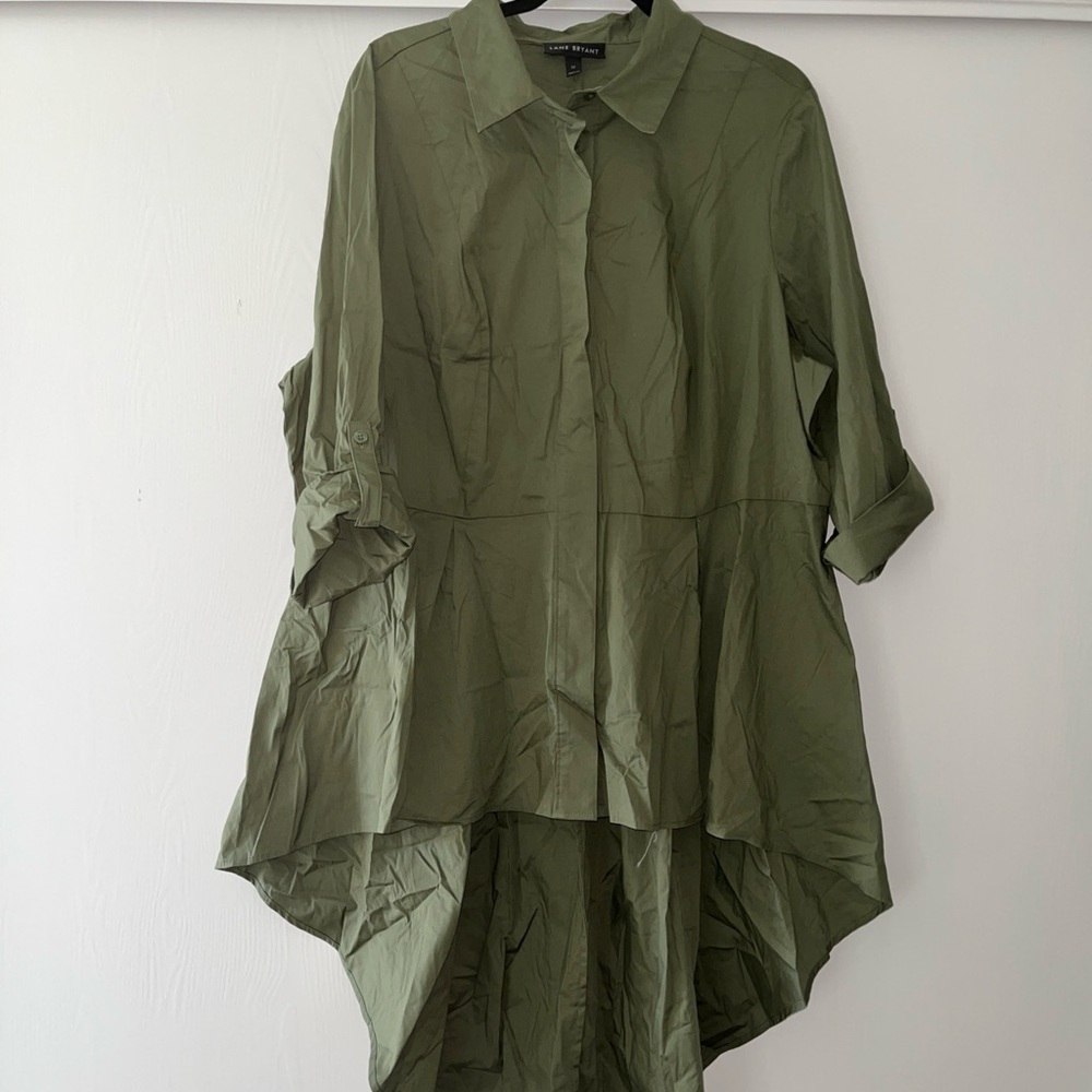 Lane Bryant Womans OliveGreen Asymmetric Long Dressy Button up Shirt size 22